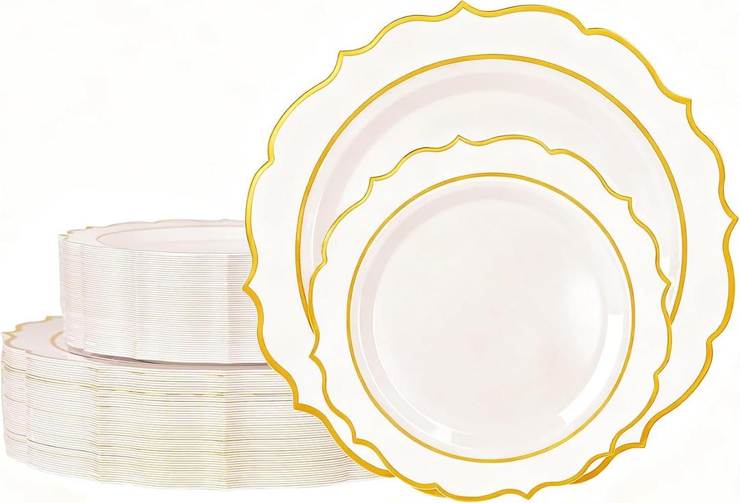 120 PCS White Plastic Plates, Disposable Party Plates with Gold Rim, Heavy Duty 60 Dinner and 60 Dessert Fancy Plate for Party and Wedding