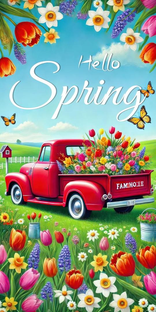 Hello Spring Door Cover 71x35 Inch Red Truck Door Banner Spring Door Cover Porch Sign Spring Floral Butterfly Door Covers for Front Door Covers Party Decorative Supplies Yard Banner