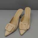 VETASTE Women's Heeled Mules Pointed Toe Suede Buckle Slip On Sandals Kitten Heels Party Wedding Shoes, 10, Beige
