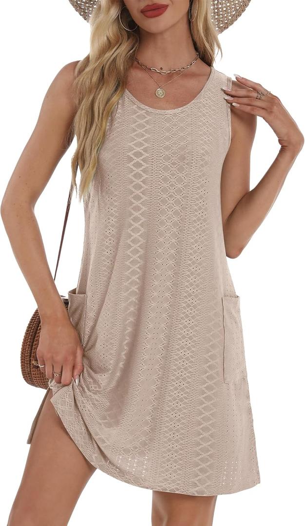 Coverup Summer Dresses for Women 2025 Eyelet Casual Loose Sleeveless Sundresses Tank Dresses with Pockets (Large)