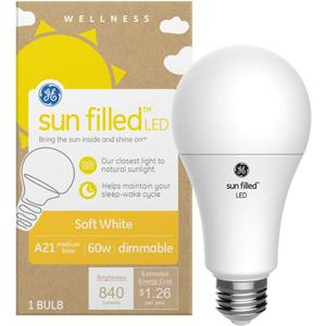 GE Sun Filled LED Light Bulb, 60 Watt, Soft White, A21 (1 Pack) (1 Count (Pack of 1))