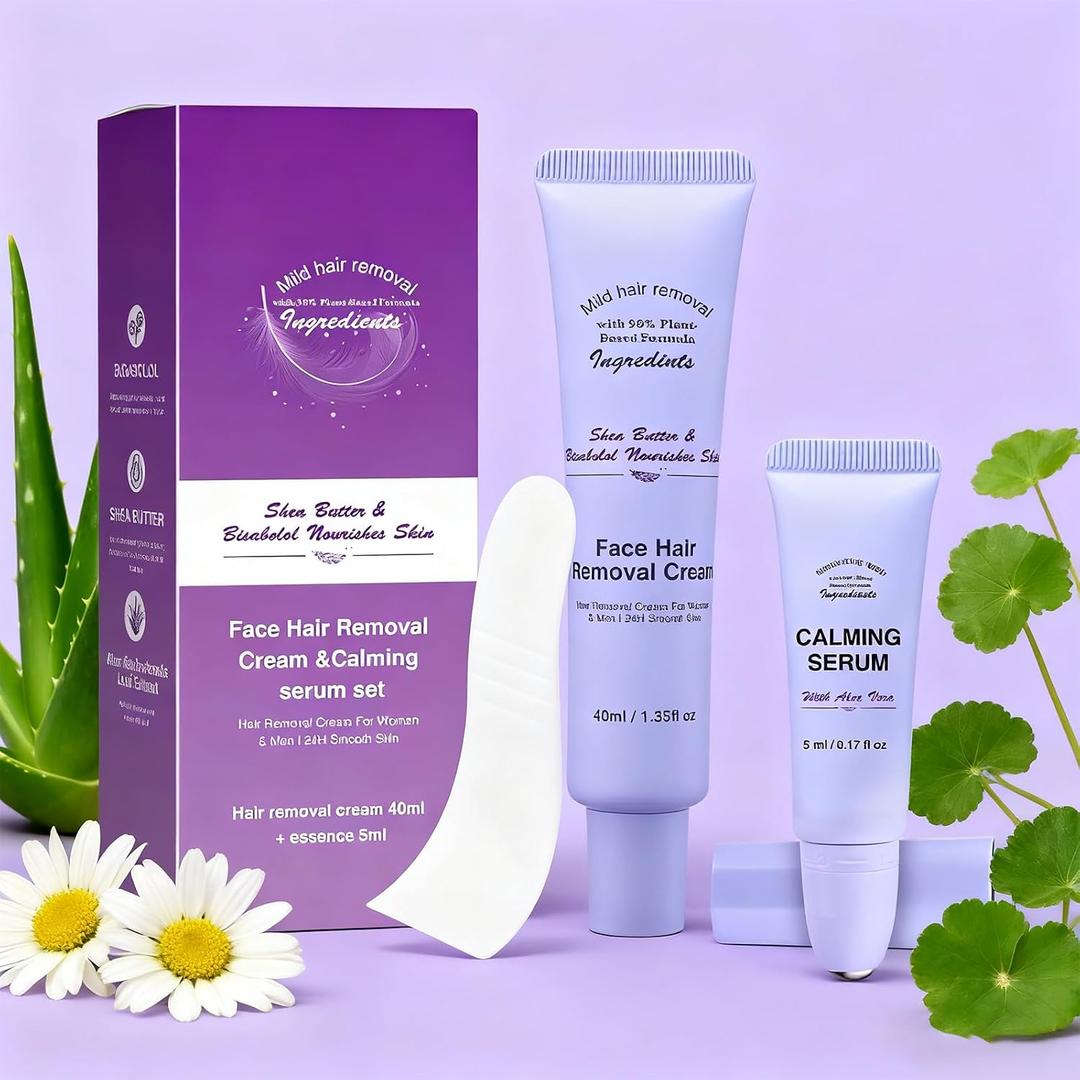 Facial Hair Removal Cream for Women, Gentle Facial Hair Removal Creams Kit With Scrape, Calming Serum, Flower Flavo Body & Face Hair Removers Cream for Women (3 kits)