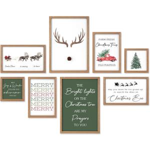 Faccito 8 Set Christmas Wall Art Decor Merry Christmas Wooden Framed Art Decor Xmas Elk Wall Decoration for Home Gallery Large Winter Decoration for Kitchen Bedroom Bathroom Living Room