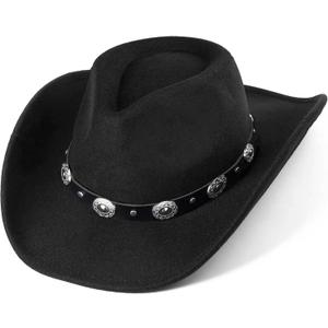 Women & Men Felt Western Cowboy Hat Classic Roll Up Brim Belt Buckle Cowgirl Fedora (M) (Black)