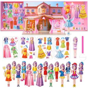 Yuzee Magnetic Dress Up Paper Dolls for Girls Ages 4-7 Princess Game Toys, Magnetic Doll Dress Up Kit Includes 1 Paper Doll and 33 Clothing Accessories with 3D City Building Mall, Girls Dress Up Game