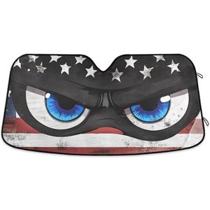 Car Windshield Sunshade Foldable American Flag and Large Eyes Sun Visor Protect UV Rays for Sedans SUV Trucks Lowers Cabin Temperature, Keeps The Interior of The Car Cool 53 x 23.5 Inch