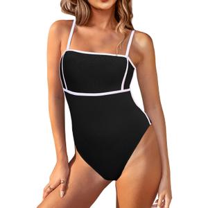 Saodimallsu Womens One Piece Swimsuit Color Block Spaghetti Strap Ribbed Tummy Control Bathing Suits High Cut Swimwear (Medium, Black)