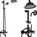 gotonovo Bathroom Exposed Shower Faucet Outdoor Shower System 8 Inch Rainfall Shower Head Set with Tub Spout and Handheld Spray Double Cross Handles Wall Mount without Shower Shelf Matte Black