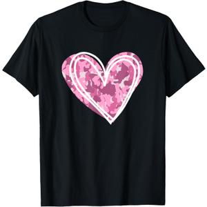 Pink Camo Print Heart Valentines Day T-Shirt, XL
