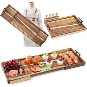 Lounsweer Acacia Large Charcuterie Board with Handles and Knife Set Expandable 19.6 to 36 Inch XL Wood Serving Tray Long Cheese Platter for Party Gatherings Entertaining House Gift(Double-Side Pull)