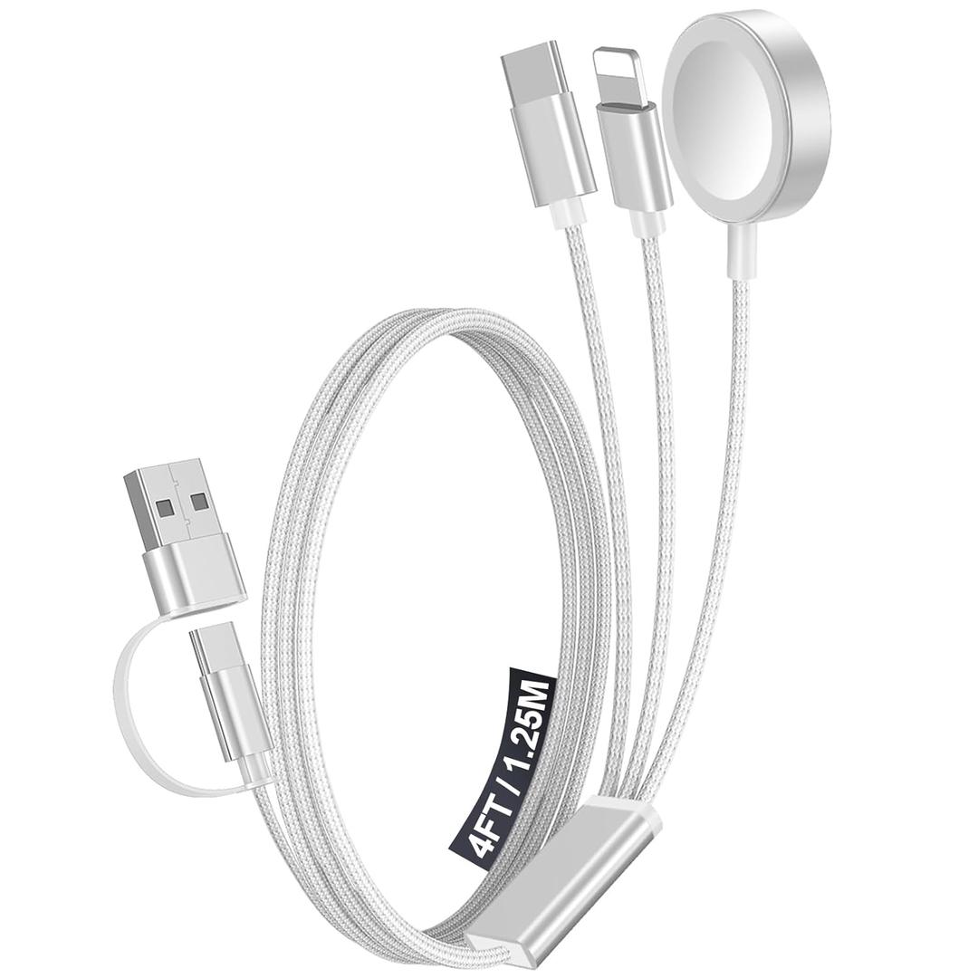 1Pack Multi Charging Cable Cord for Travel Essentials,Apple Watch Charger,iPhone Charger,[3-in-2] Type C/LCable Portable Designed for iWatch,iPhone 17-8,Galaxy S25-21,AirPods,iPad-4FT White