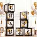 Ledido 2026 Graduation Balloon Boxes Decorations, 4 Pieces Black Clear Grad Balloon boxes with Letters, Class of 2026 Graduation Party Supplies for College, High School, Prom, Birthday, Baby Shower