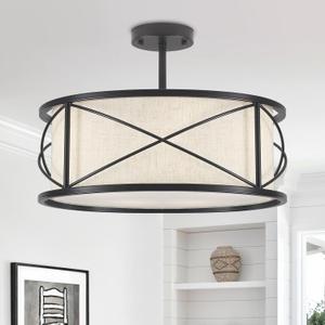 Luupyia 17.71 Inches Drum Ceiling Light with Metal and Fabric Shade, 4Lights Large Fabric Chandelier Drum Ceiling Light, Height Adjustable Simple Pendant Lighting Fixture for Bedroom Dining Room E26