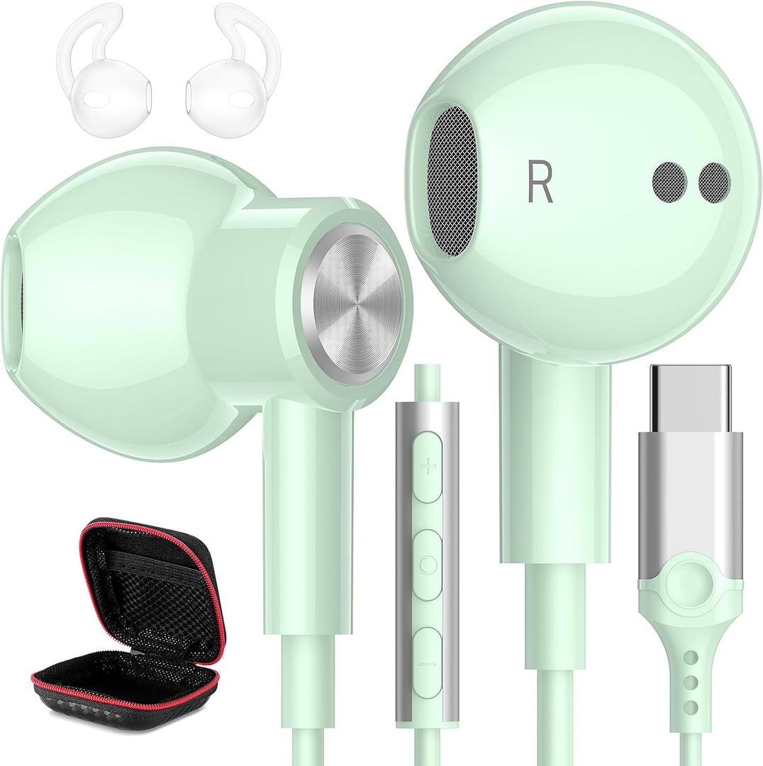 USB C Headphones Wired Type C Earphones for Samsung/Galaxy S26 S25 S24 Plus S23 S22 S21 S20 Ultra Magnetic Corded Earbuds for iPhone 15 Pro Max 16 16e 17 17e Air for Apple/Android Ear Buds Mint