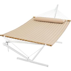 SUPERJARE Hammock with Stand, 2 Person Quilted Outdoor Hammock, Detachable Pillow & Bamboo Spreaders, Portable Hammock with Carrying Bag, Heavy Duty Stand, Perfect for Outside, Patio, Beige