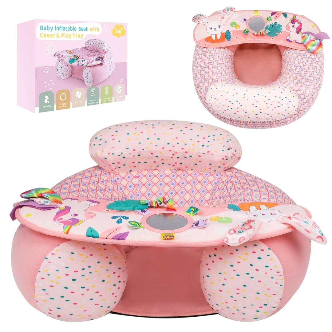 Baby Donut Sit Me Up Floor Seat for 3-36 Months, Inflatable Baby Seat with Cover, Activity Chair for Sitting up, Sensory Tray Suitable for Development, Unicorn