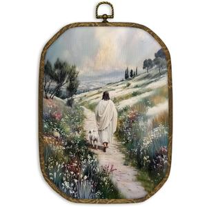 2 x nvucamd Vintage Christian Jesus Lamb Wall Art Decor Framed, Religious Jesus Leaves the 99 Sheep Christ Octagon Canvas Prints Wall Art, Rustic Bible Shepherd Easter Hanging Decor for Living Room Bedroom, 10.2x7