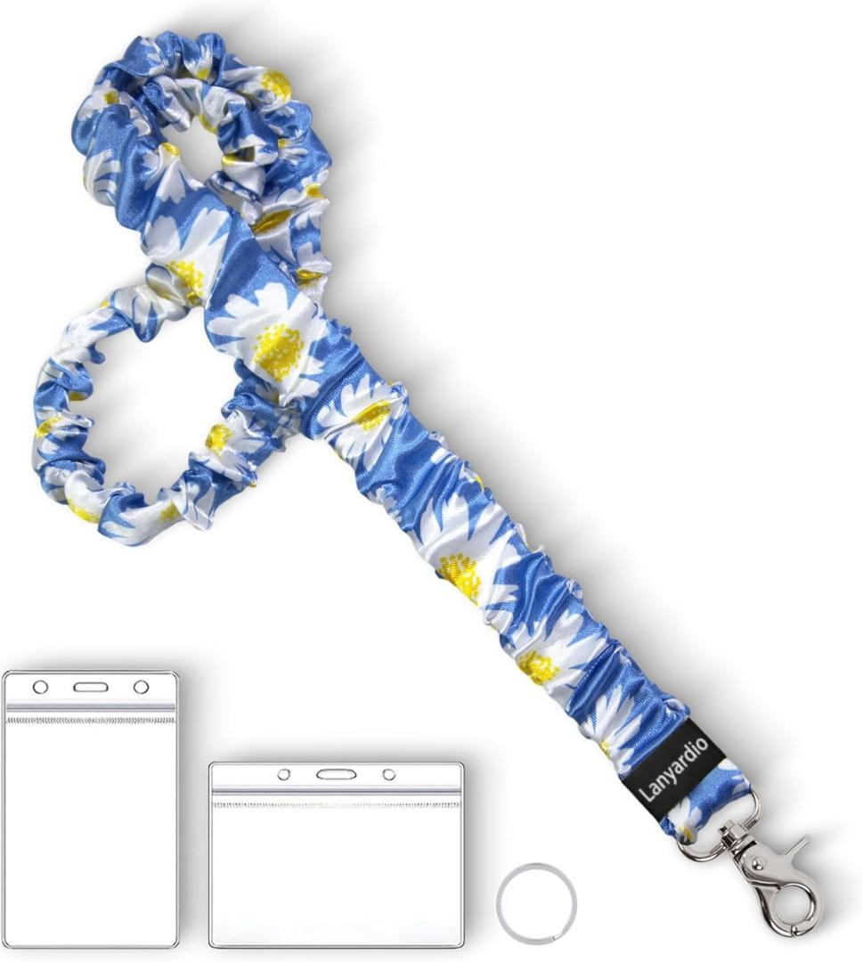Lanyardio Stretchy Scrunchie Lanyard for ID Badges Keys, Cute Teacher Lanyard for Women with 2 Card Holders 19.8 Inch (Blue Flower)