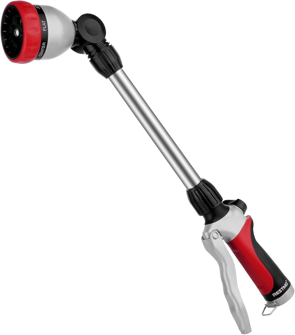 RESTMO Metal Watering Wand, Heavy Duty Garden Hose Wand with 180 Swivel Ratcheting Head, 16'' Hose Nozzle Sprayer with 7 Spray Patterns and Flow Control, for Water Hanging Baskets and Shrubs, Red