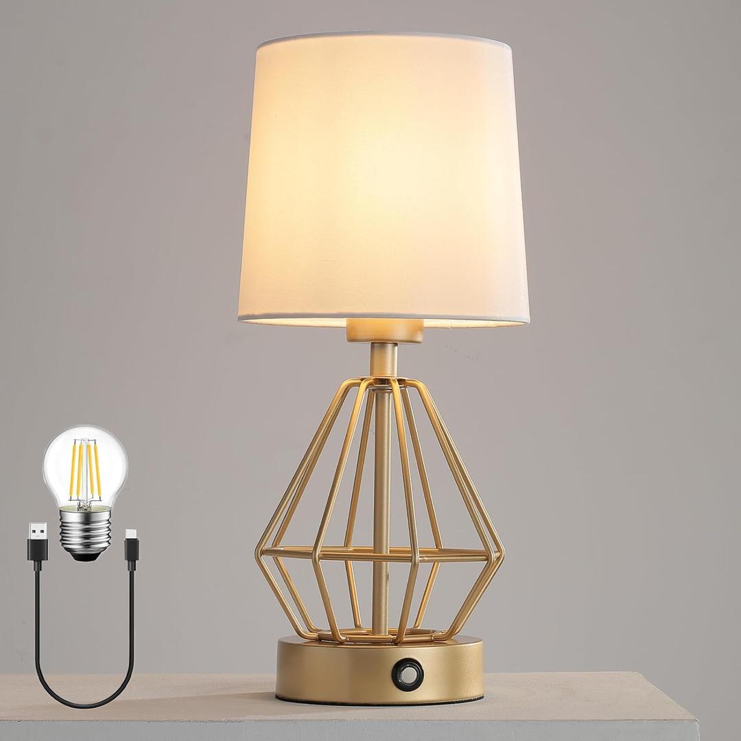 Gold Cordless Lamp,Touch Stepless Dimming,8000mAh Rechargeable Battery Table Lamp,Gold Cage Frame Wireless Lamp,White Lampshade,14.7inches Tall