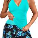 Women Tankini with Skirt - 2 Piece Swimsuits Tummy Control Bathing Suits Halter V Neck Swimwear 2025 (Medium, Aqua and Blue Flower)