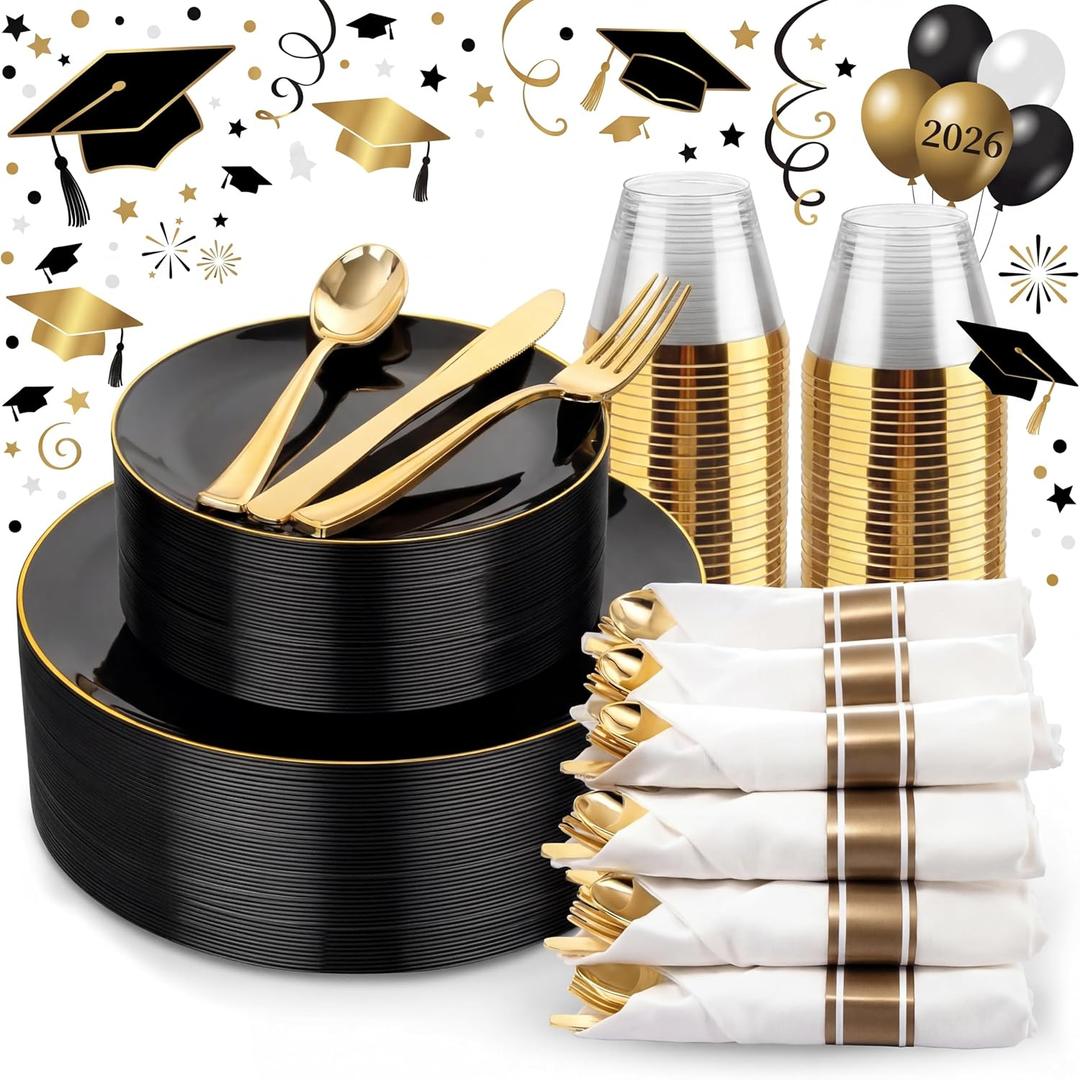KIRE 175Pcs Black Plates Disposable - Heavy Duty Black and Gold Plastic Plates- 25 for Dinner 25 for Dessert 25 Pre Rolled Gold Silverware and 25 Cups for Graduation/Birthday Party/Wedding