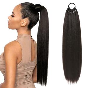 Flufymooz 28 Inch Ponytail Extension, Versatile Elastic Band Ponytail Extension for Women, Long Straight Synthetic Ponytail Daily Hair Black Brown