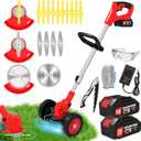 Electric Weed Wacker Eater Cordless Battery Powered, 21V Lightweight No-String Weed Trimmer with 2 Battery Operated & Wheels, 3 in 1 Stringless Grass Trimmer/Edger/Brush Cutter for Garden Yard Lawn