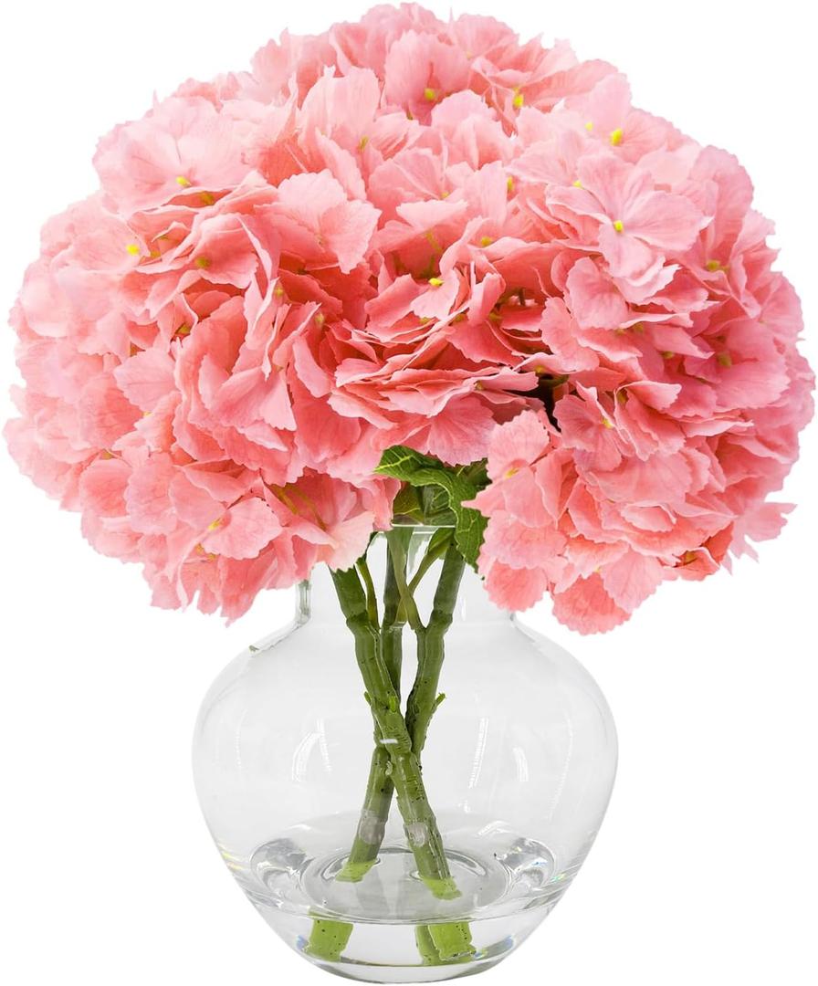 Light Pink Hydrangea Artificial Flowers with Glass Vase, Real Touch Faux Hydrangea Arrangement with Faux Water, Ready-to-Display Table Centerpiece for Bathroom, Shelf, Home Dcor