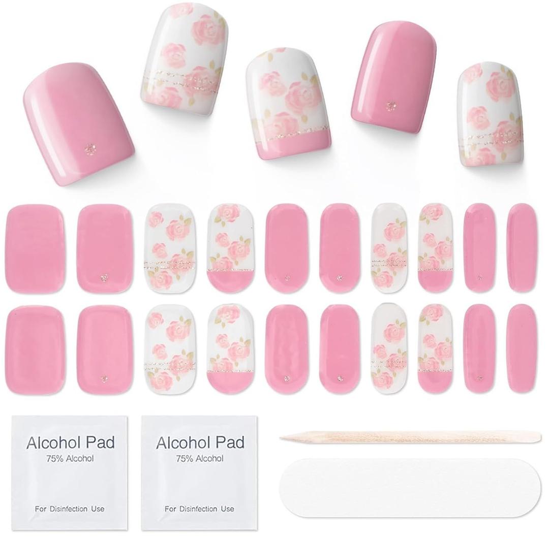 Semi Cured Gel Nail Strips|Works with Any UV/LED Lamps|20 Pcs Gel Nail Stickers|Long-Lasting Two Weeks and Easy to Apply & Remove|Rose Language