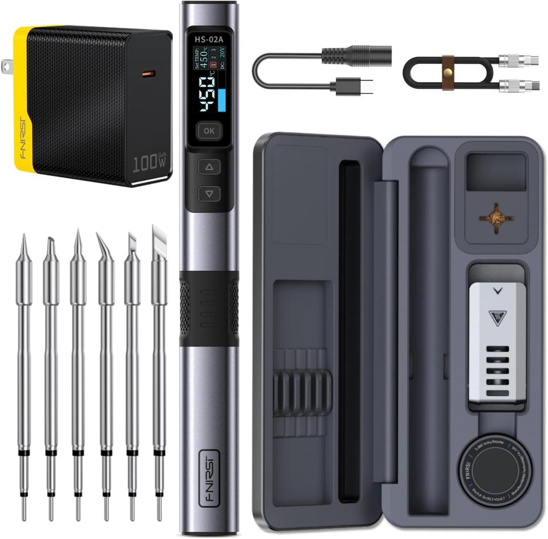 FNIRSI HS-02A 100W Portable Corded Soldering Iron Kit with Storage Case, 3S Fast Heating, 212-842, Pre-set 3 Groups Temperature, 6 F245 Soldering Tips, Smart Soldering Iron Pen for Electronics Repair