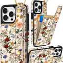 Petitian for iPhone 15 Pro Max Case with Wallet - Women Girls Cute Girly Aesthetic Unique Design with Leather Credit Card Holder Cardholder Stand Wristband for Apple 15 Promax, Vin Flower