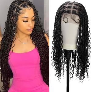 26" Full Lace Knotless Boho Twist Braided Wigs Full Double Lace Braid Wig with Baby Hair Lace Front Braided Wigs for Black Women Human Hair Blended Lace Frontal Braids Wig (Black)
