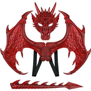 Dragon Costume Kids Dinosaur Wings Tail Mask Set Boys Girls Children Dress Up Dino Props for Halloween Cosplay (Red)