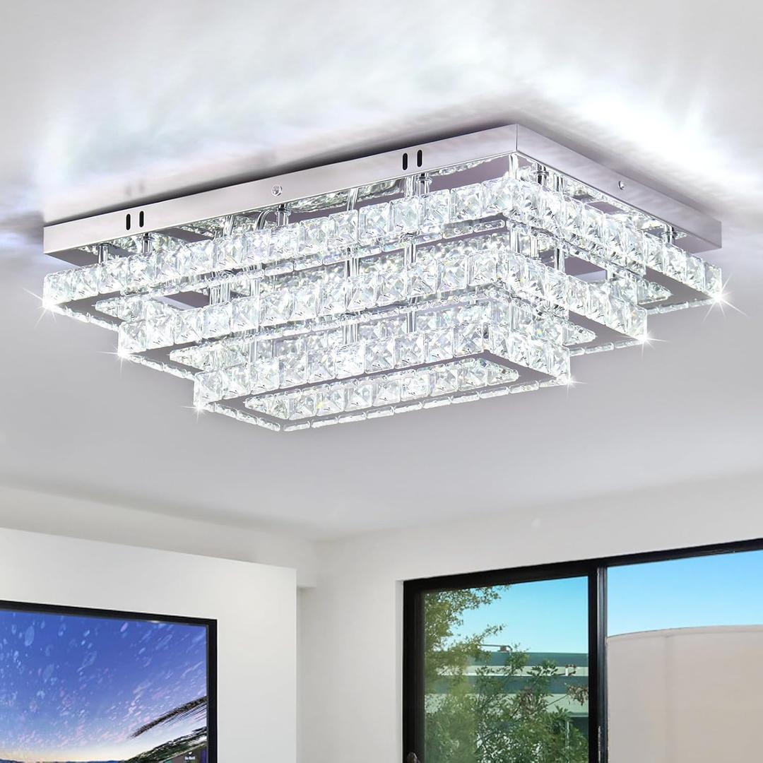 Finktonglan Modern Crystal LED Ceiling Light Fixture 20 Rectangular Flush Mount Chandelier Ceiling Lights 3-Tiers Stainless Steel Ceiling Lamp Fixtures for Living Room Dining Room(6500K Cool White)