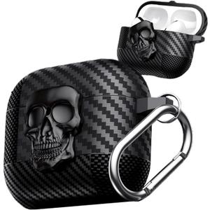 for AirPods 4 Case Skull with Lock & Keychain for Men, Funny Carbon Fiber Full Body Shockproof Hard Shell Protective Skeleton Cover for Airpods 4th Generation 2024 KLT Black