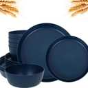 EI 12pcs Dark Blue Wheat Straw Dinnerware Set, Wheat Straw Plates, Plastic Plates Reusable, Plate and Bowls Sets, Unbreakable Plastic Plate for Dinner, Camping, Picnic
