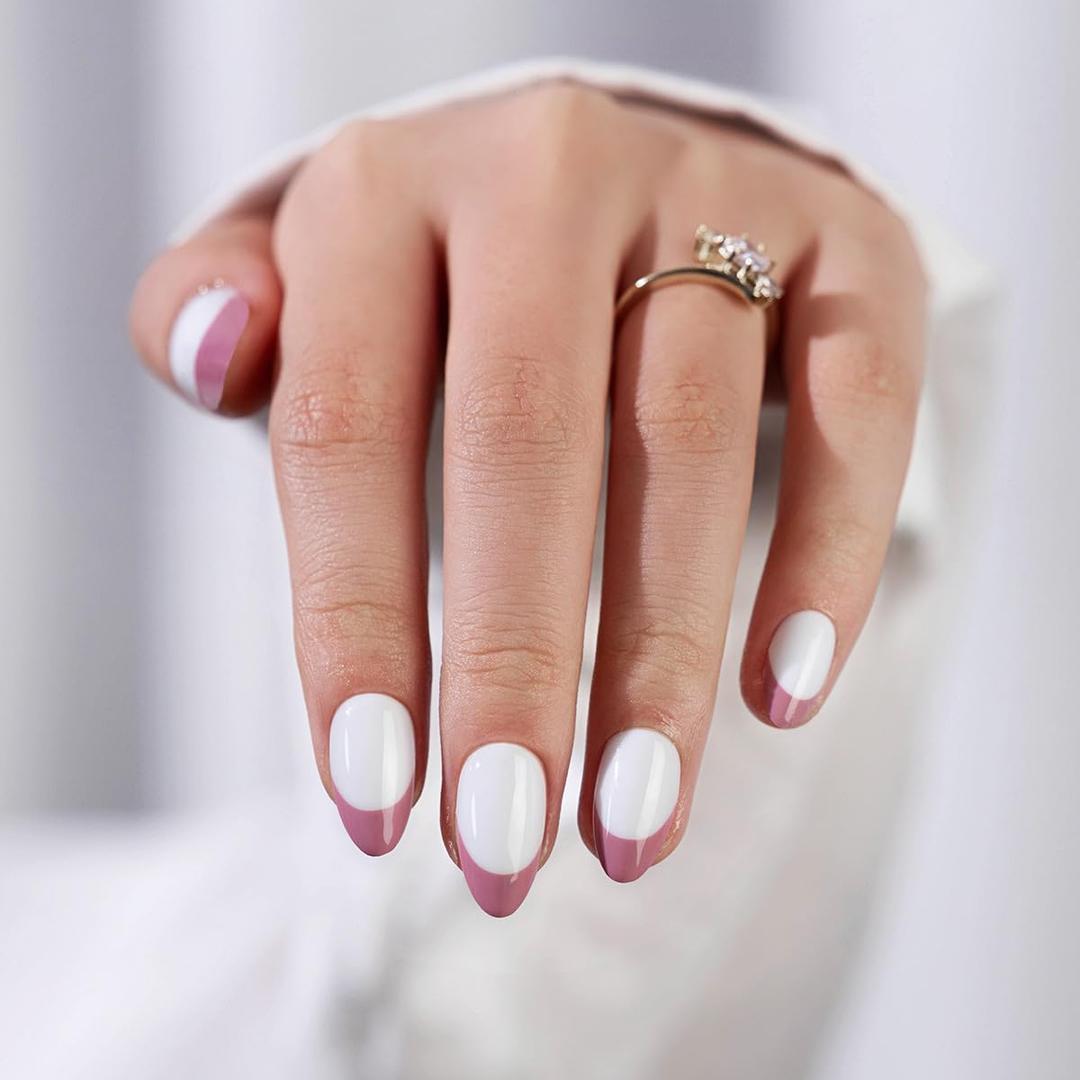 2 x Pink & White French Tip Press on Nails Easter - GJZEZ Soft Gel Almond Nail Press-On, Minimalist Elegant Fake Nails for Women Weddings Bridal Party | 16 Sizes - 32 pcs Reusable Nail, Blush French