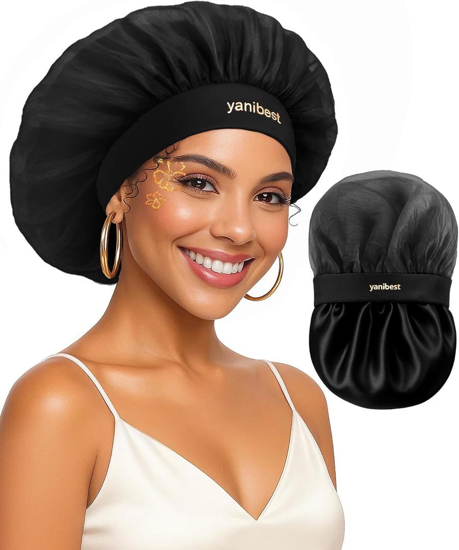 YANIBEST Breathable Silk Bonnet for Sleeping, Breeze Satin Bonnet Sleep Cap to Reduce Frizz, Lightweight Hair Wrap Curly Hair (Black)