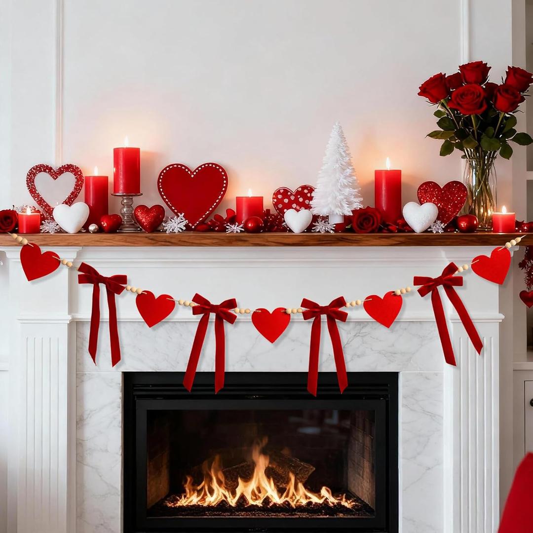 Valentine's Day Garland Decor, Valentine's Day Felt Garland for Mantel, Red Felt Heart and Velvet Bow Fireplace Garlands, Engagement Banner, Wedding Decorations