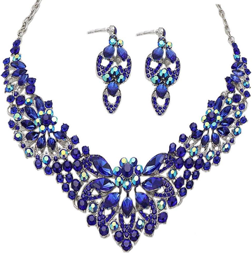 Women Jewelry Set Rhinestone Crystal Statement Necklace Bride Rib Choker Necklace Floral Beaded Collar Neklcace Cluster Dangle Earrings Set for Wedding Party (Royal Blue)