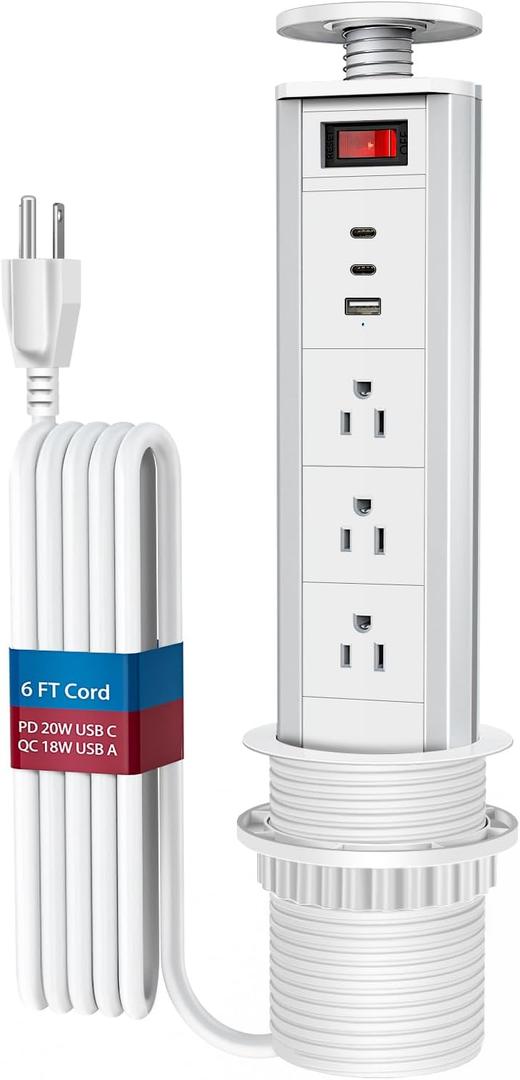 BTU Pop Up Outlet for Countertop with Fast Charging USB Ports, Retractable Recessed Outlet with 3 AC Outlet, 2 USB C Ports, 1 USB A Port for Kitchen Island Countertop Desk Recessed Power Outlet (White)