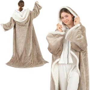Electric Snuggle Throw Blankets with Foot Pocket, Wearable Heated Throw with Sleeves, 6 Heat Levels & 1-4H Timer, Full Body Warmth, The Perfect Warming Gift for Women & Men, Light Beige & linen (50"x70")