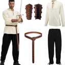 Men's Renaissance Costume Halloween Medieval Pirate Shirt Ankle Banded Pants Viking Belt Accessories (Black, L)