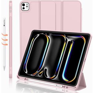 for iPad Pro 11 Inch Case M4 2024 (5th Generation) with Pencil Holder, [Support Pencil Pro and Pencil (USB-C)], Trifold Stand Smart Case with Soft TPU Back, Auto Wake/Sleep (Pink)