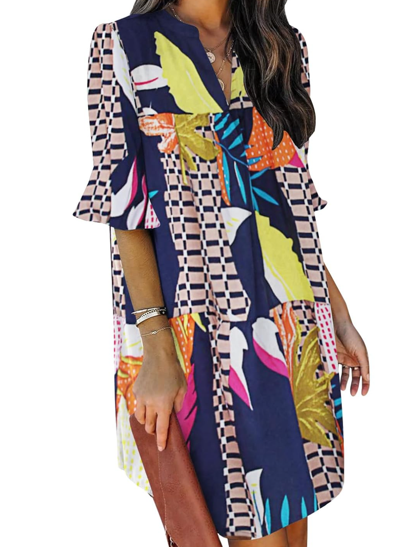 QACOHU Summer Dresses for Women V Neck Ruffle Short Sleeve Casual Shift Dress, XL