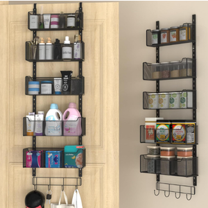 VyGrow Over The Door Organizer, Metal Door Organizer Hanging with 5 Adjustable Baskets and Coat Hook, Behind The Door Storage for Bedroom Closet Bathroom Pantry Cabinet Kitchen, Black