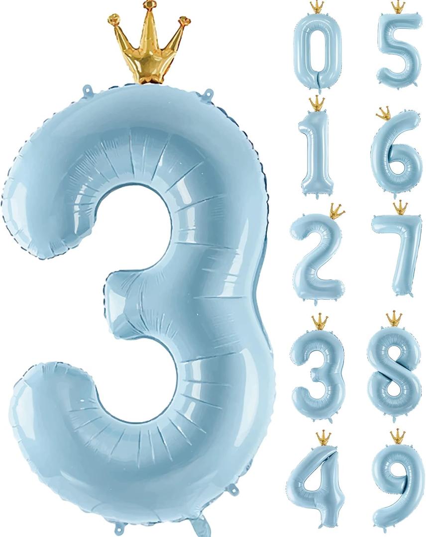 Number 3 Balloon with Crown, Large number balloons 40 inch, 3rd Birthday Party Decorations Supplies 3 Year Old Sign Decor, Blue