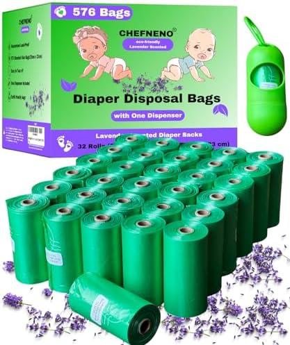 Baby Diaper Bag Disposable (576 Sacks) Biodegradable Lavender Scented 32 Refill Rolls with Dispenser Diaper Sack Disposable Dog Poop Cat Litter Poop Bags Sanitary Pad Waste Bags (Scented, 576 Bags)