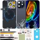 Back Glass Replacement Compatible with iPhone 15 Pro Max All Carriers 6.7" + Pre-Installed Plate + Wireless Charging Coil Flex Cable + Microphone + Flashlight + Camera Frame (Blue)